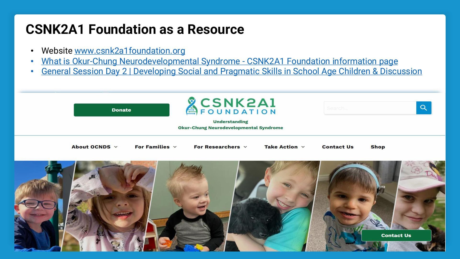 The CSNK2A1 Foundation website banner with links to resources and a photo gallery of several smiling children.
