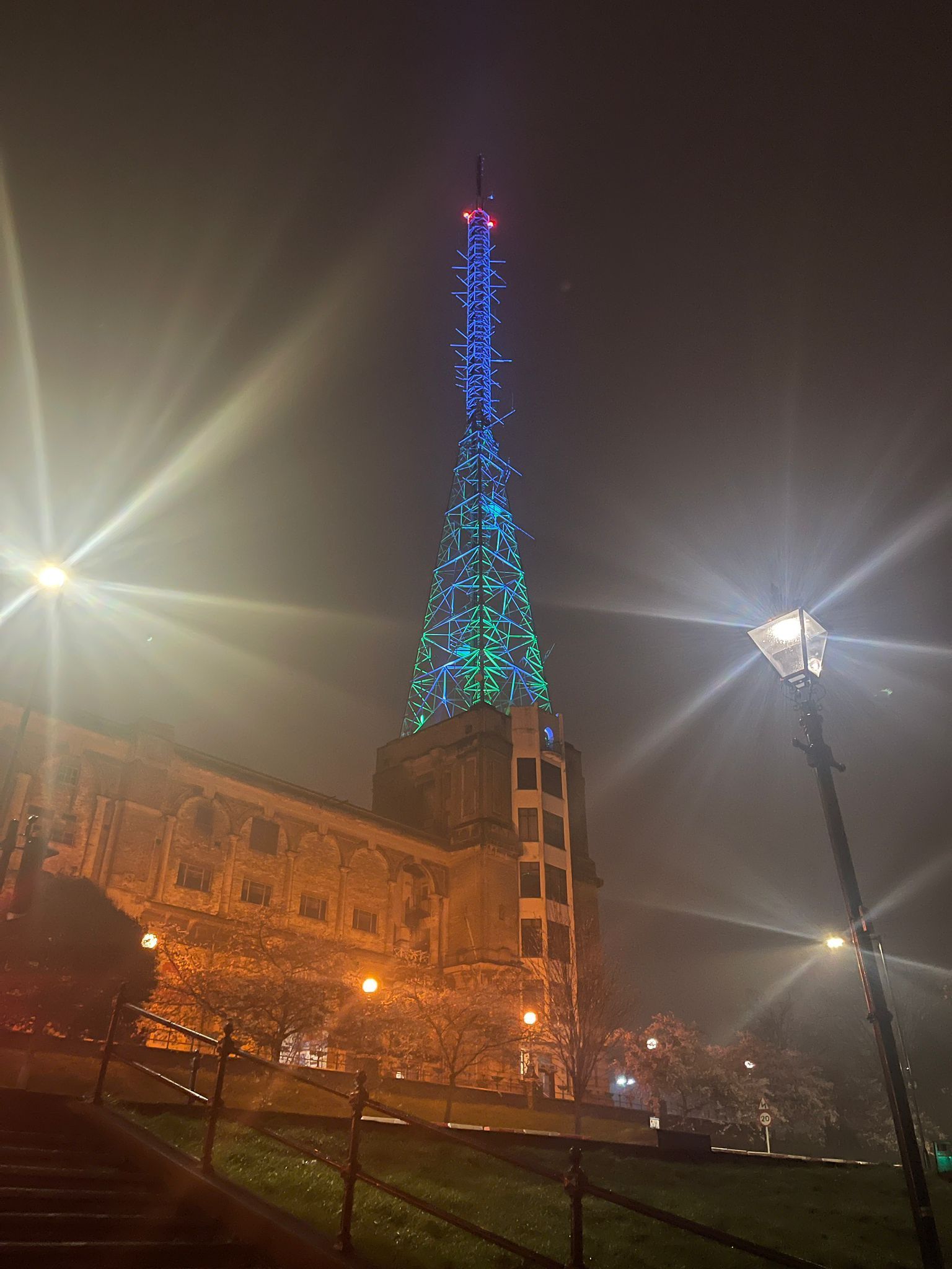 A tall building with a christmas tree on top of it is lit up at night.