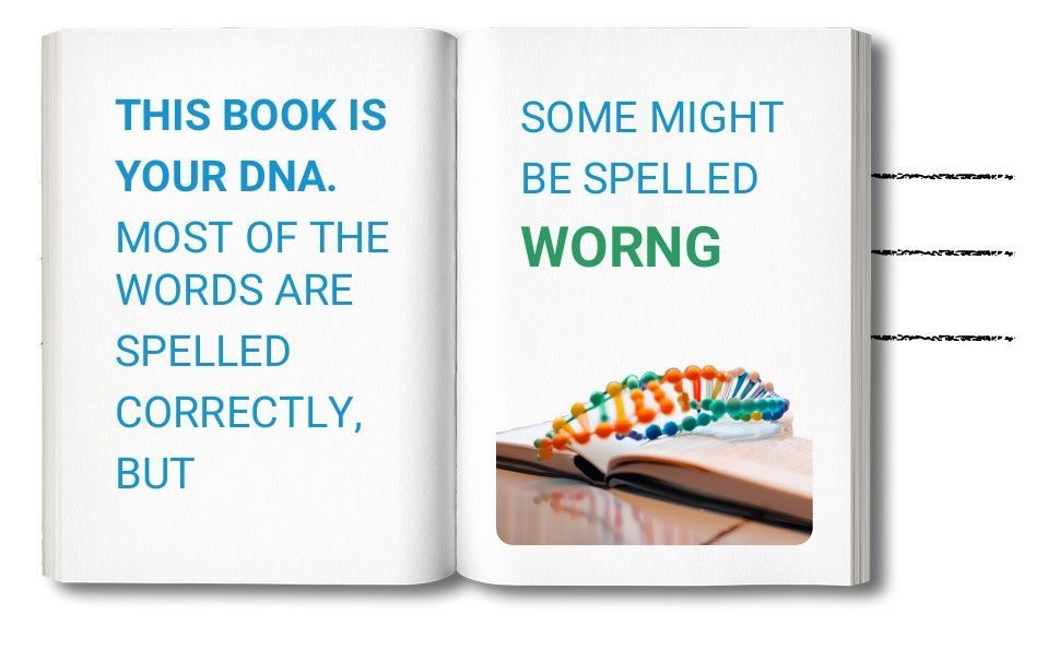 Open book with blue text; rainbow-topped DNA model on right page and “WRONG” in green.