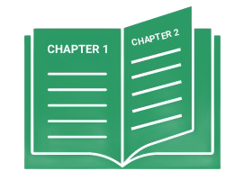 Open green book icon labeled Chapter 1 and Chapter 2 with white lines representing text