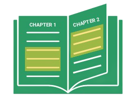 Open book icon with green covers and pages labeled Chapter 1 and Chapter 2