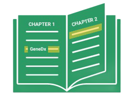 Green open book icon with Chapter 1 and Chapter 2 tabs and highlighted lines, labeled GeneDx