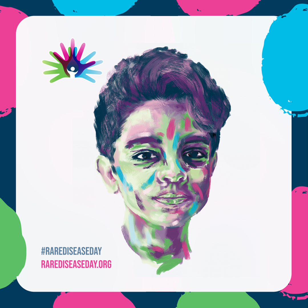 A colorful painting of a boy 's face for rare disease day