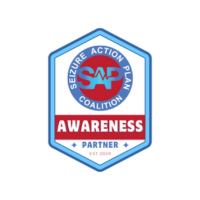 Logo for Seizure Action Plan Coalition. Blue and red badge with text