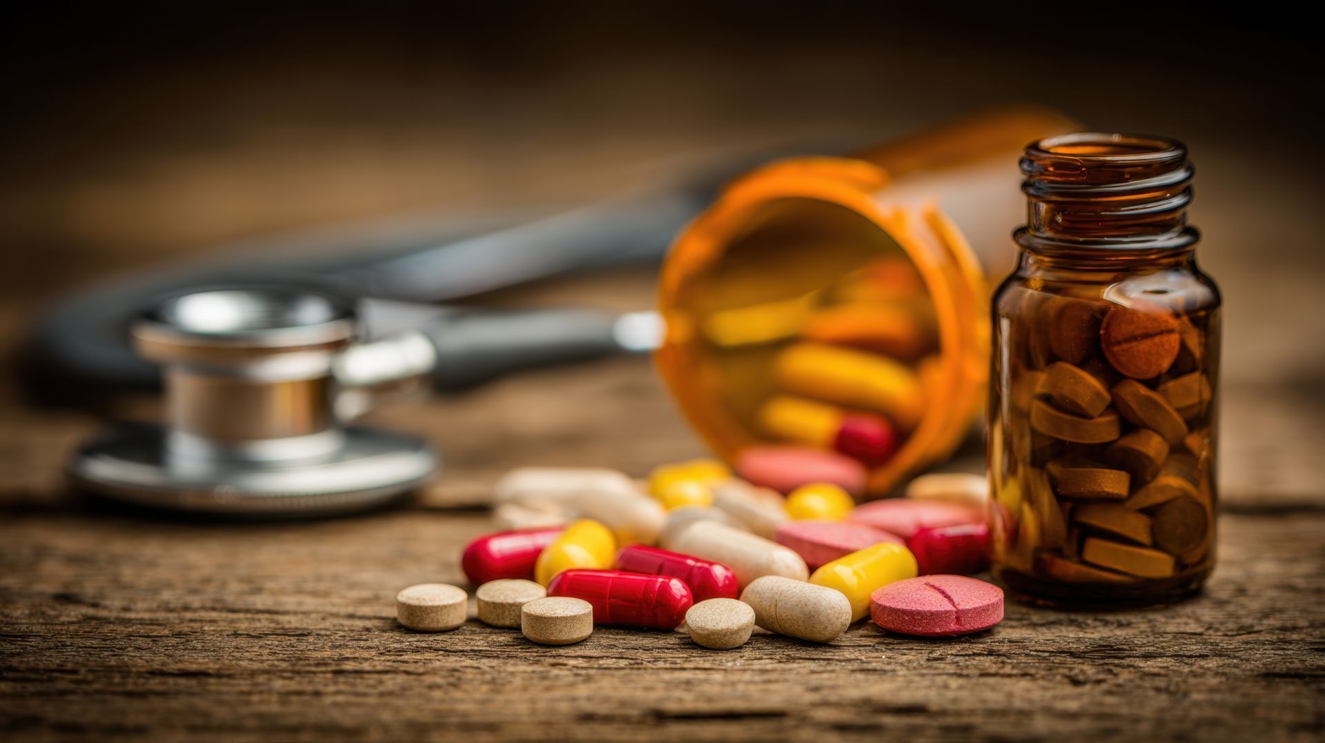 Pills spilling from orange and brown bottles, stethoscope in the background, on a wooden surface.