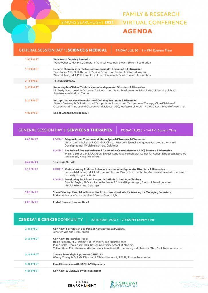 A colorful agenda for a virtual conference with balloons on it.