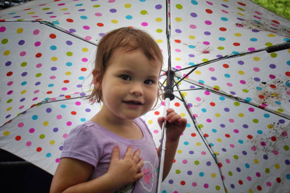 A little girl holding a colorful polka dot umbrella.
