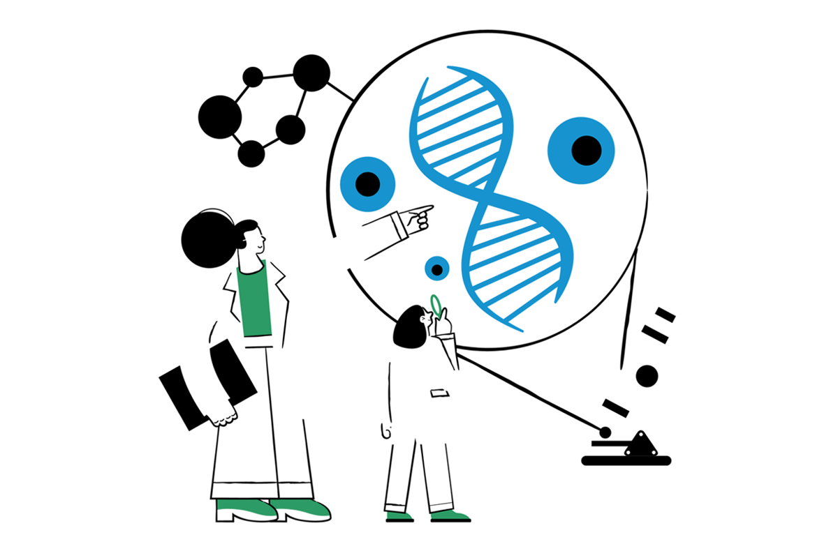 A cartoon illustration of a scientist looking at a dna molecule.