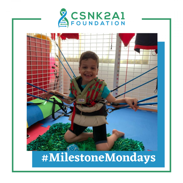 A young boy is kneeling down in front of a sign that says milestone mondays