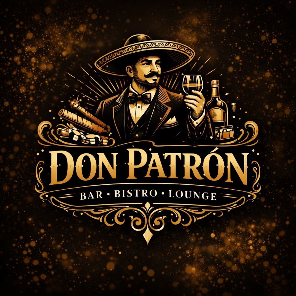 A logo featuring a man in a tuxedo and sombrero, holding a glass, with cigars and text reading
