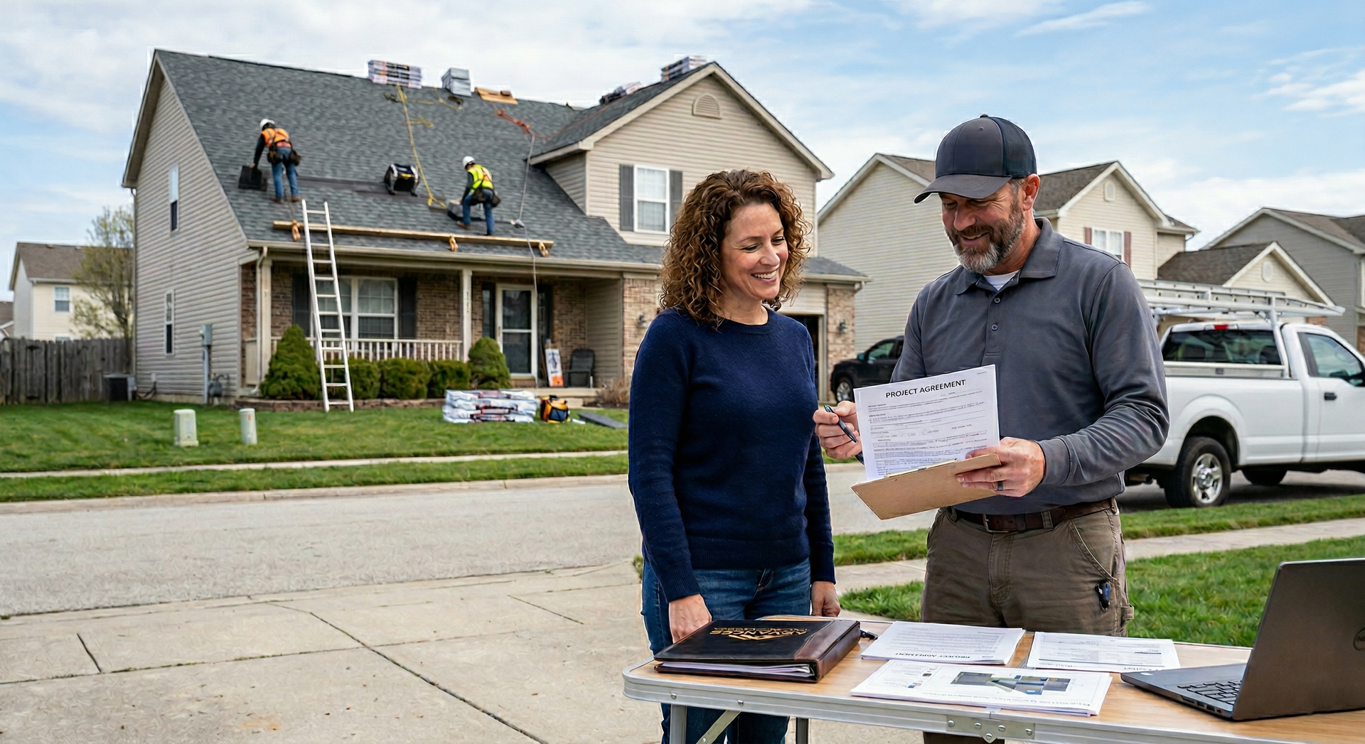 A contractor shows documents to a client on a table in front of a house while workers repair the roof in the background.