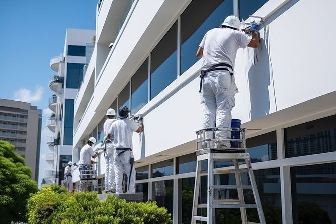 Workers painting the exterior of a white building on ladders and scaffolds