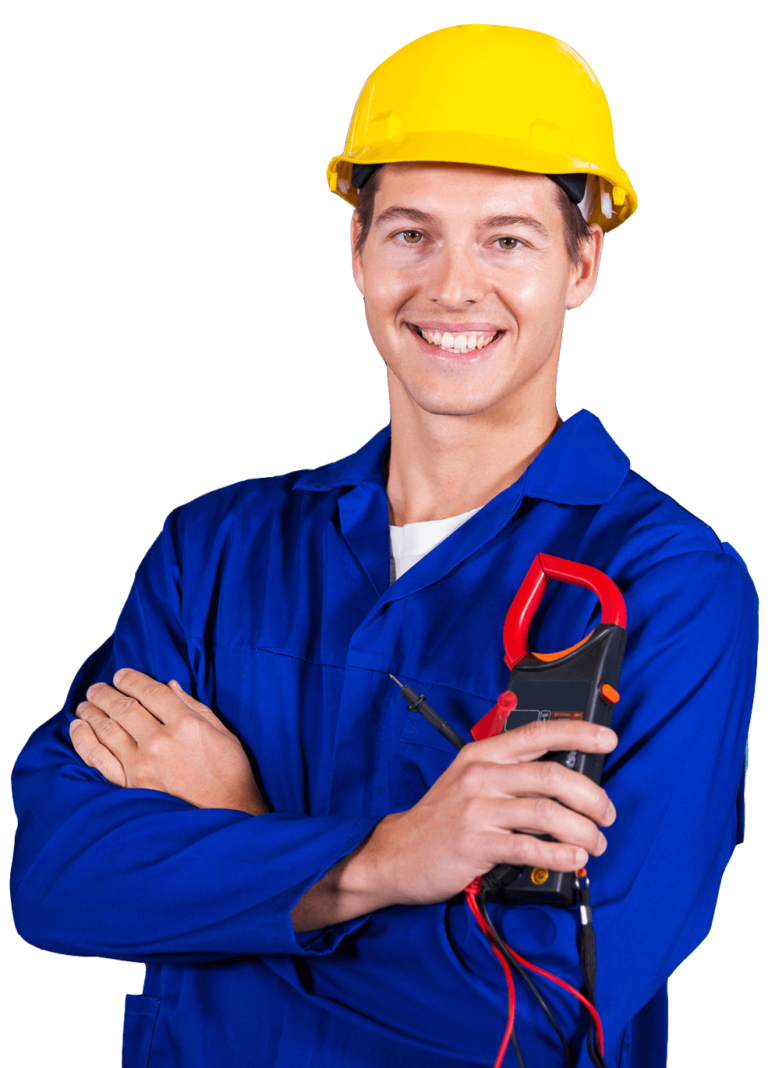 A man wearing a hard hat is holding a clamp meter