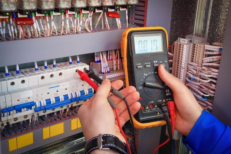 A person is using a multimeter to test a circuit board.