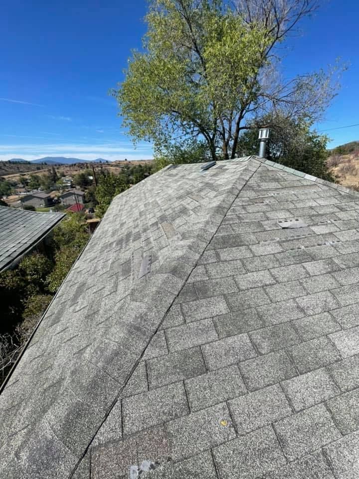 A roof with a chimney on top of it and a tree in the background.