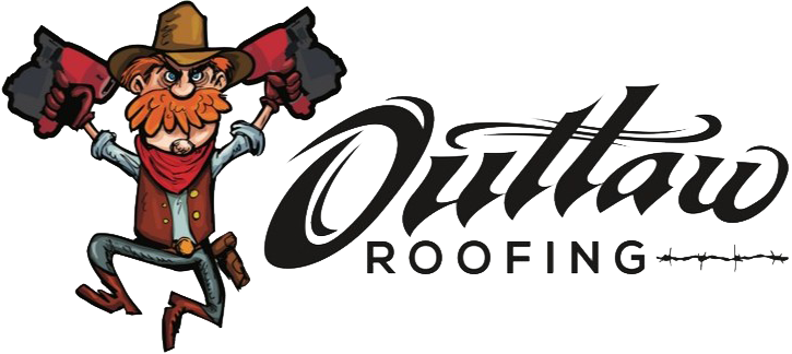 The logo for outlaw roofing shows a cartoon of a cowboy holding two flags.