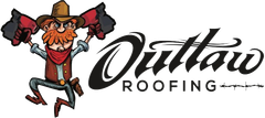 The logo for outlaw roofing shows a cartoon of a cowboy holding two flags.