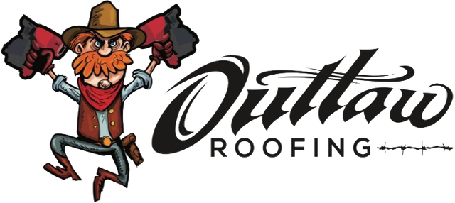 The logo for outlaw roofing shows a cartoon of a cowboy holding two flags.