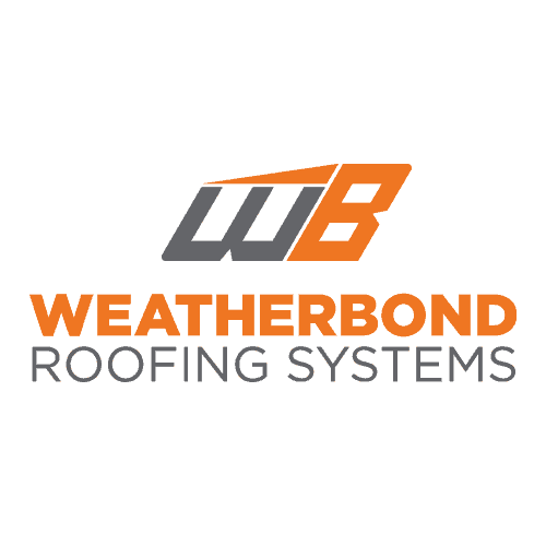 The logo for weatherbond roofing systems is orange and gray.