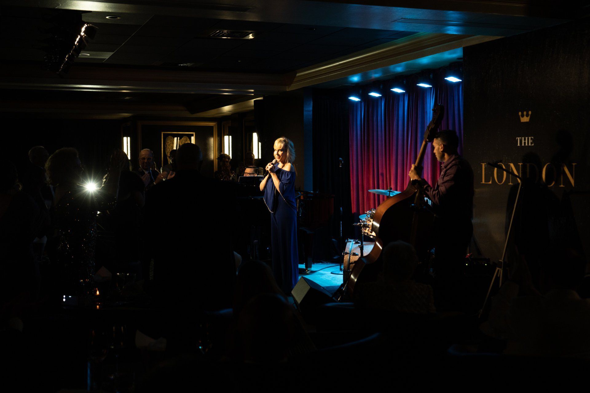 Jazz band performing in a dimly lit club; singer center stage, bassist to the right, audience in shadows.