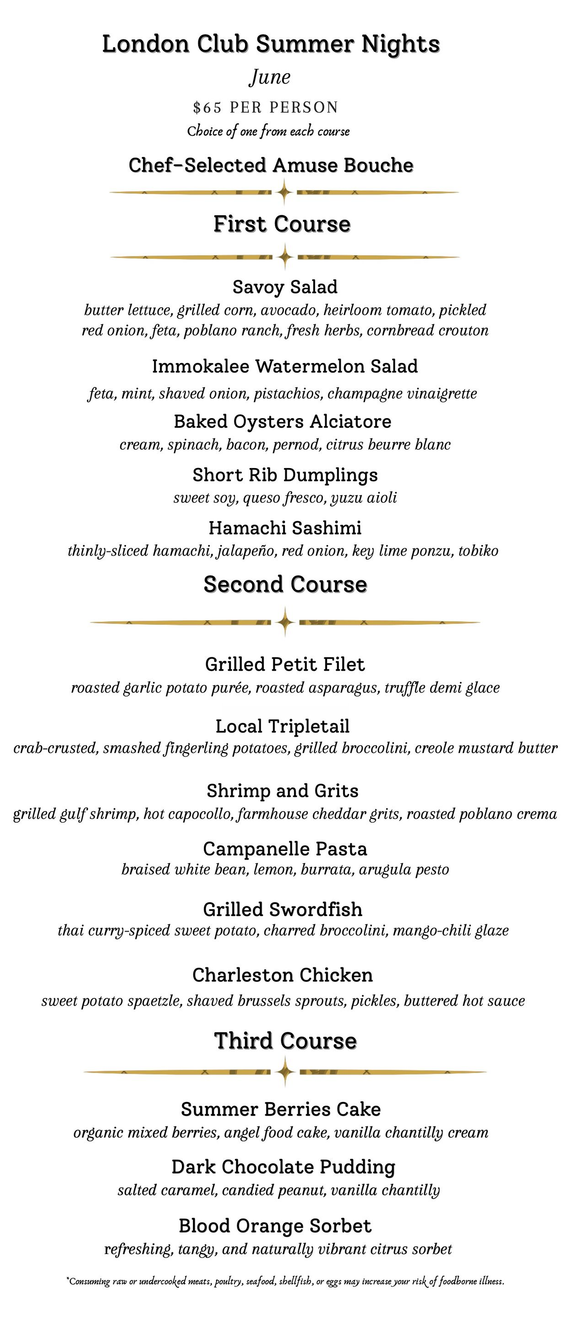 Menu with sections for a clam bar, starters, specialties at the London Club Naples.