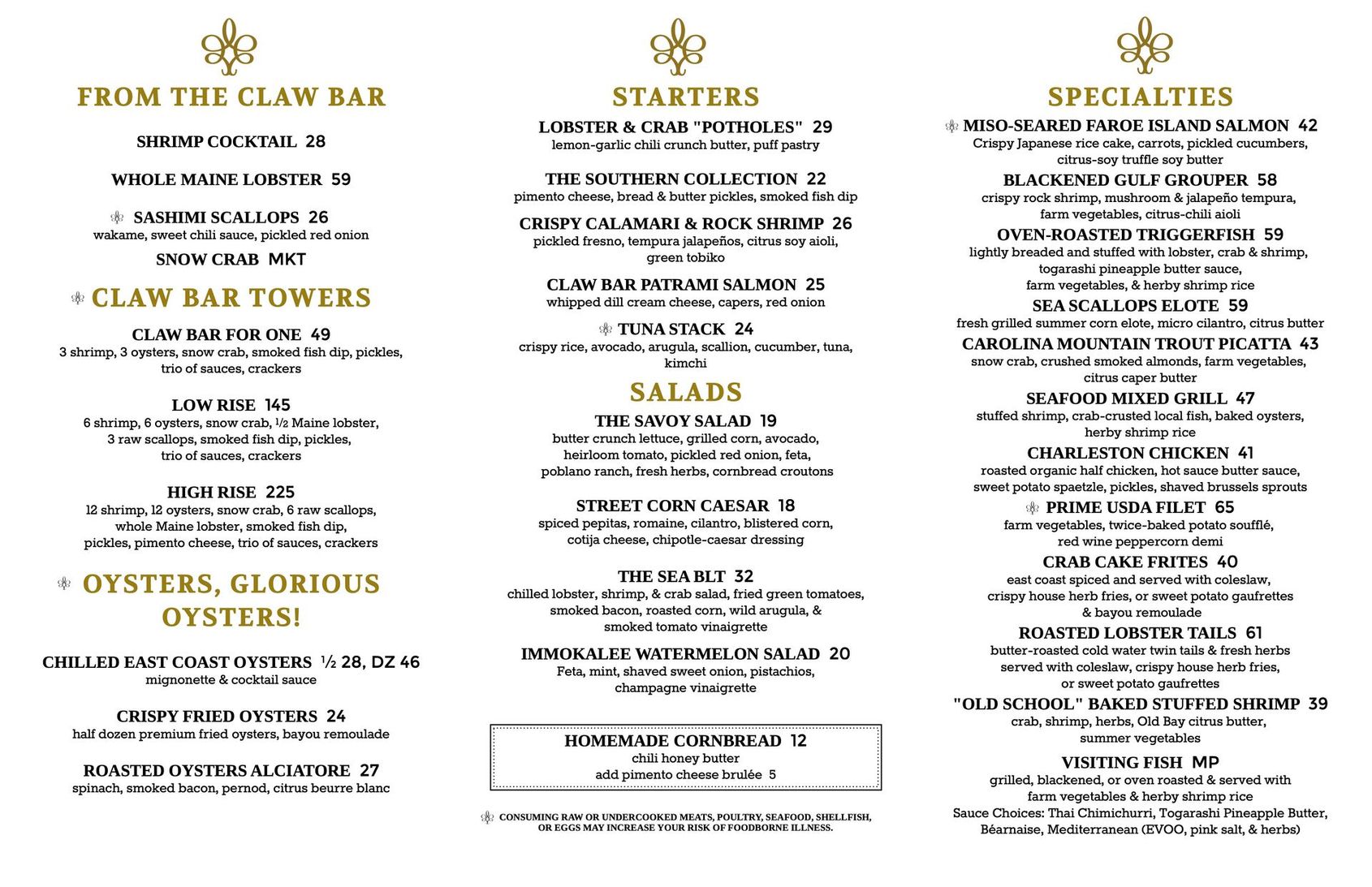 Menu with sections for a clam bar, starters, specialties at the London Club Naples.