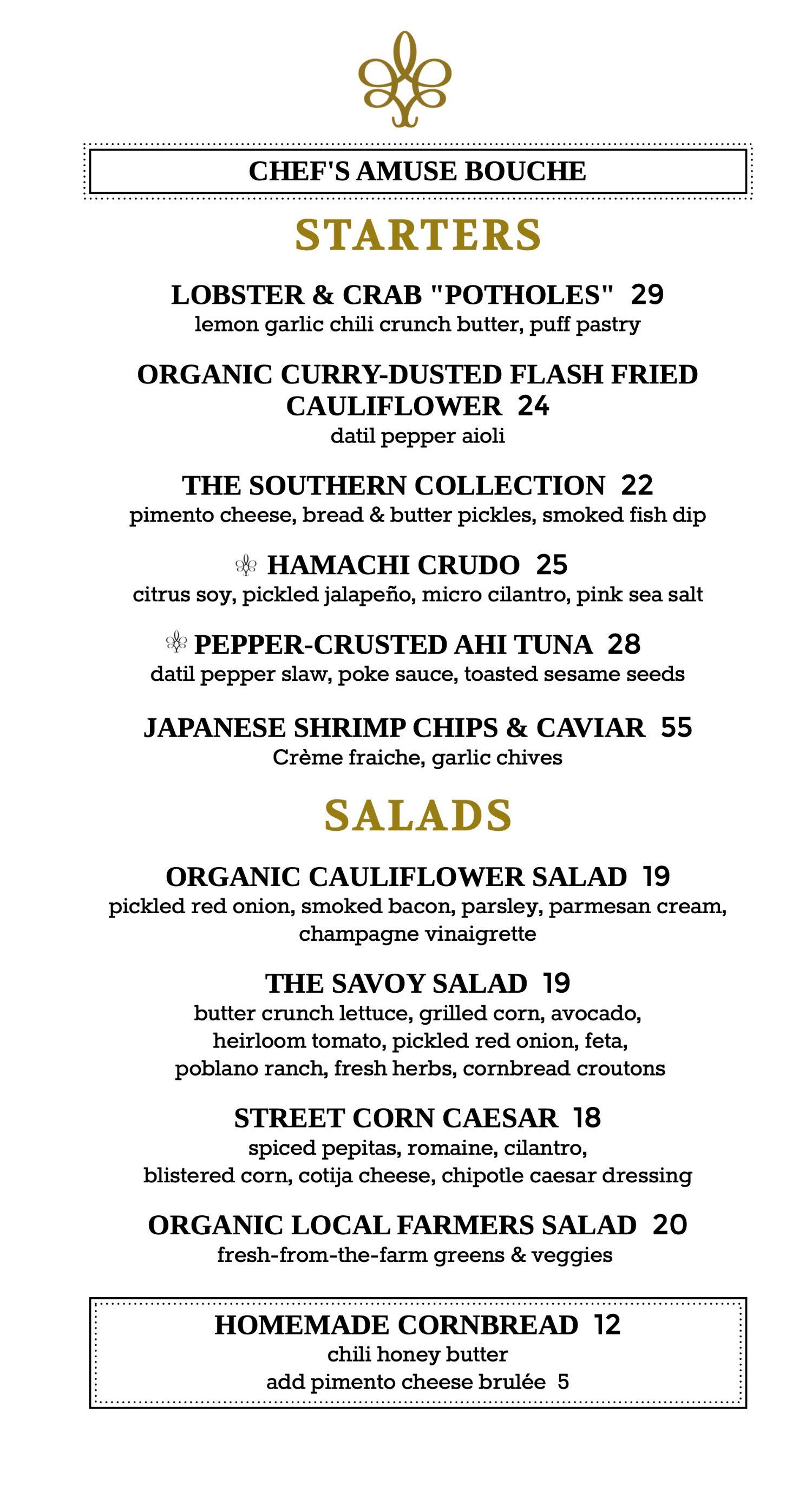 Restaurant menu with starter and salad options.