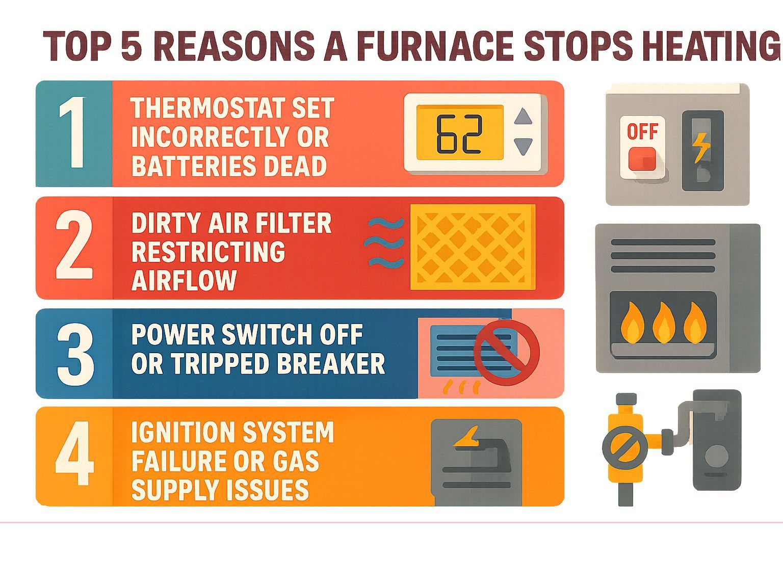 Top 5 reasons a furnace stops heating: 1. Thermostat set incorrectly or batteries dead, 2. Dirty air filter restricting airflow, 3. Power switch off or tripped breaker, 4. Blocked vents preventing heat distribution, 5. Ignition system failure or gas supply issues - furnace not heating house infographic 