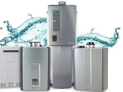 Three silver water heaters with blue water splash in the background