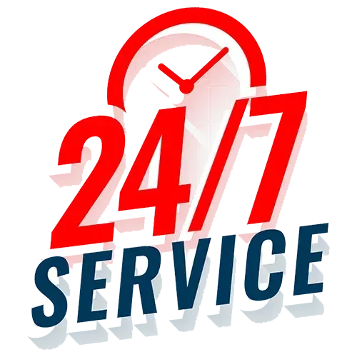 Red 24/7 service logo with a clock icon and blue text on white background