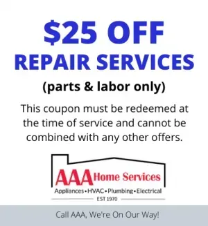AAA Home Services coupon: $25 off repair services, parts and labor only, with redemption terms.
