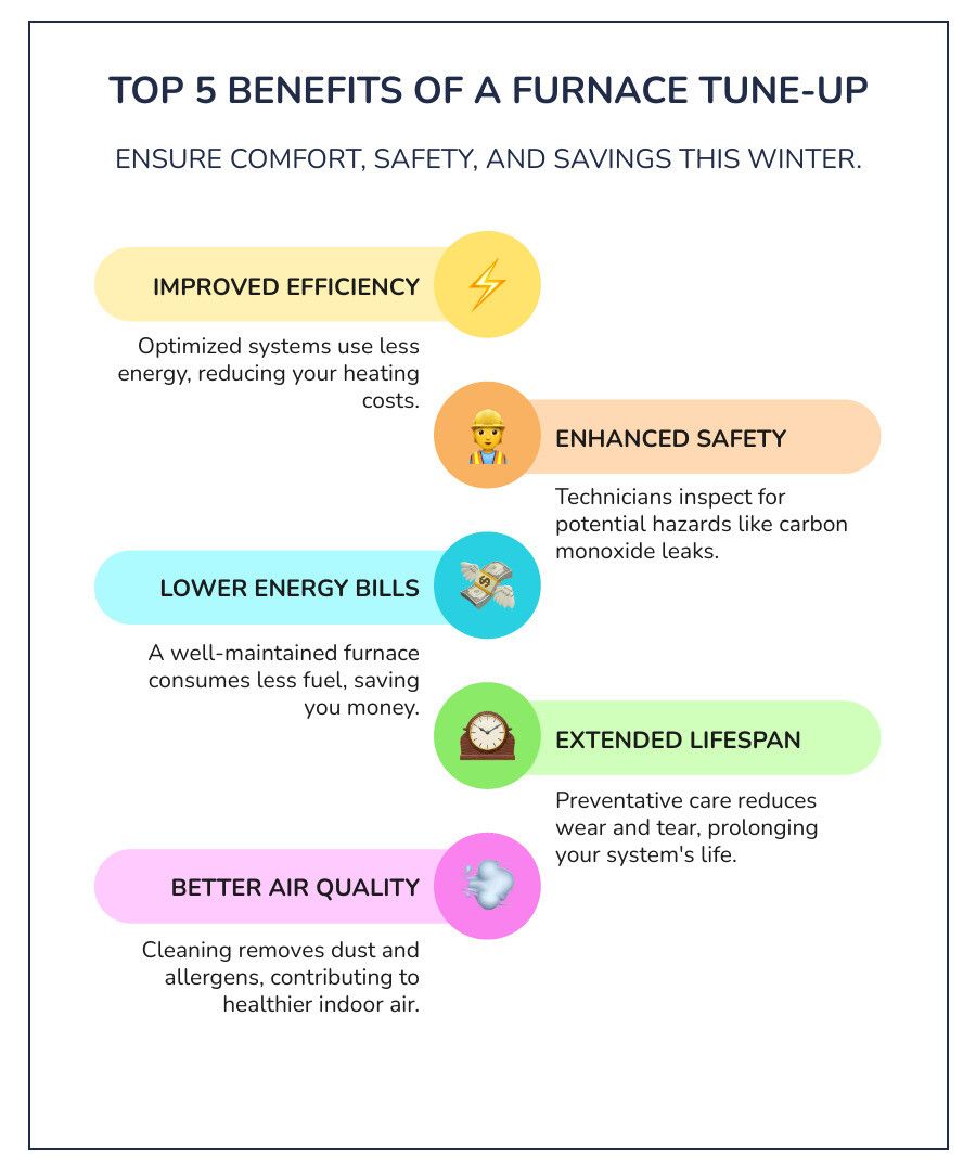 Infographic showing the top benefits of furnace tune-ups: improved energy efficiency resulting in average annual savings, extended system lifespan through preventative care, enhanced home comfort with even heating distribution, better indoor air quality by removing allergens and dust, and reduced risk of unexpected winter breakdowns - furnace tune up specials infographic infographic-line-5-steps-colors
