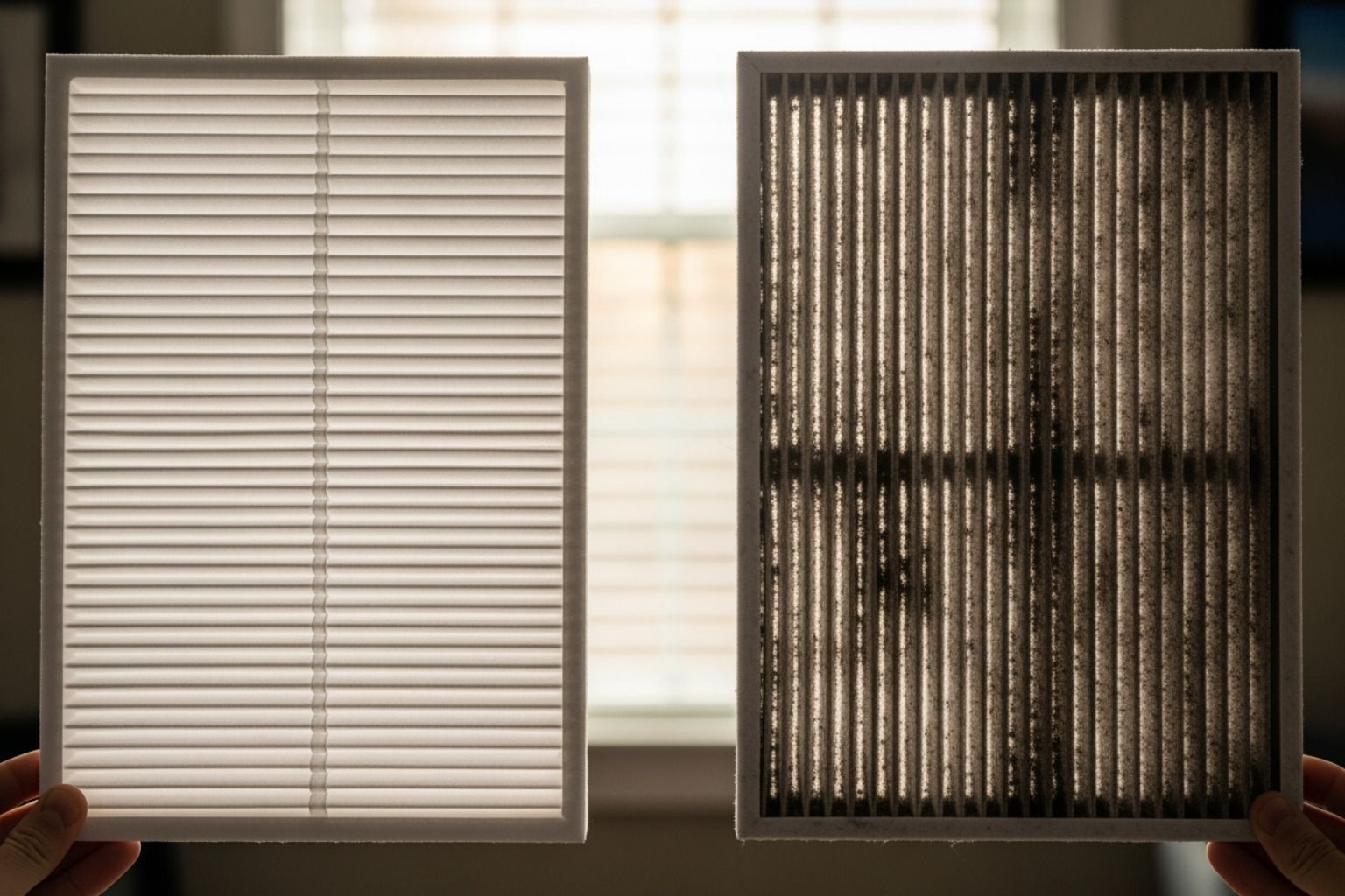 A clean, new air filter being held next to a dirty, clogged one - heating and cooling companies in my area