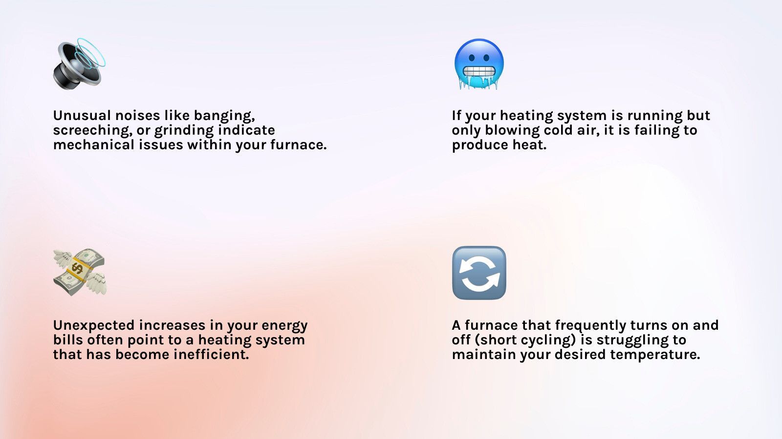 Common signs your heating system needs professional repair in O'Fallon, Missouri, including strange furnace noises, weak airflow from vents, cold air instead of heat, unexpectedly high energy bills, frequent on-off cycling, thermostat malfunctions, and uneven room temperatures - Heating repair O'Fallon MO infographic 4_facts_emoji_light-gradient