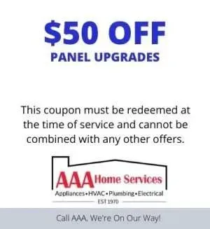 AAA Home Services coupon offering $50 off panel upgrades, with redemption terms and company logo.