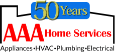 AAA Home Services logo with “50 Years” badge and services: Appliances, HVAC, Plumbing, Electrical
