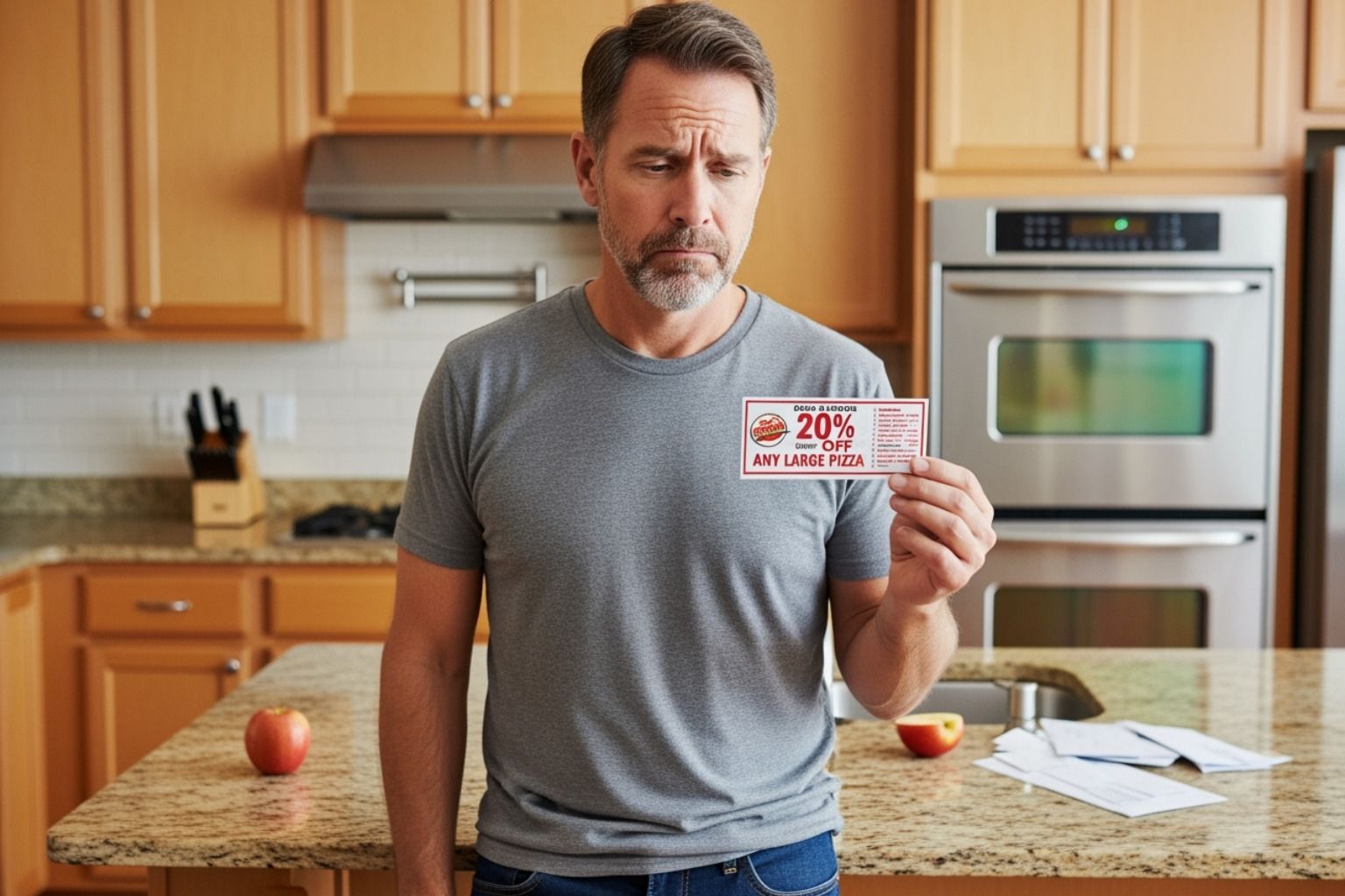 homeowner looking skeptically at a coupon - furnace tune up specials