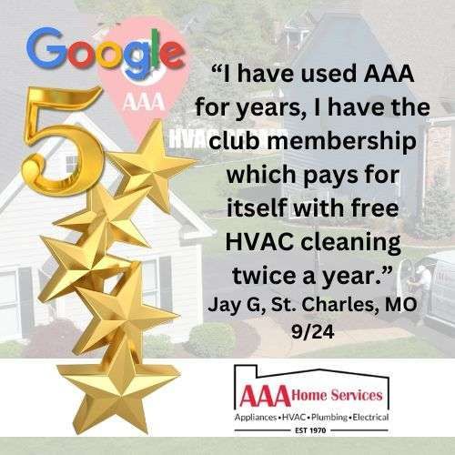 Google 5-star review graphic for AAA Home Services, with a quote praising HVAC and membership savings.