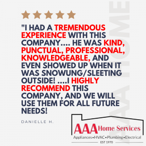 Five-star customer testimonial for AAA Home Services with red and black text on a white background.
