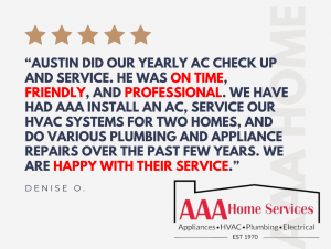 Customer testimonial for AAA Home Services, with five stars and red-highlighted text praising AC and plumbing service.