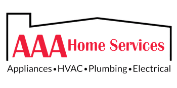 AAA Home Services logo with red text and black roof outline, listing appliances, HVAC, plumbing, and electrical services