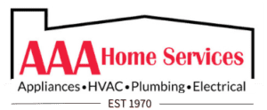 AAA Home Services logo with red and black text; Appliances, HVAC, Plumbing, Electrical; EST 1970