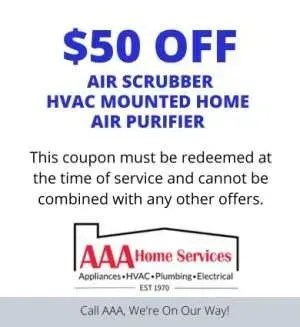 $50 off coupon for AAA Home Services HVAC-mounted air purifier, blue and white flyer with redemption terms