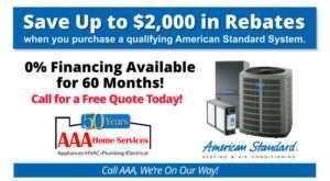 AAA Home Services ad: save up to $2,000 on American Standard systems, 0% financing for 60 months.