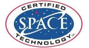 Certified Space Technology oval logo with blue center, white text, and red border