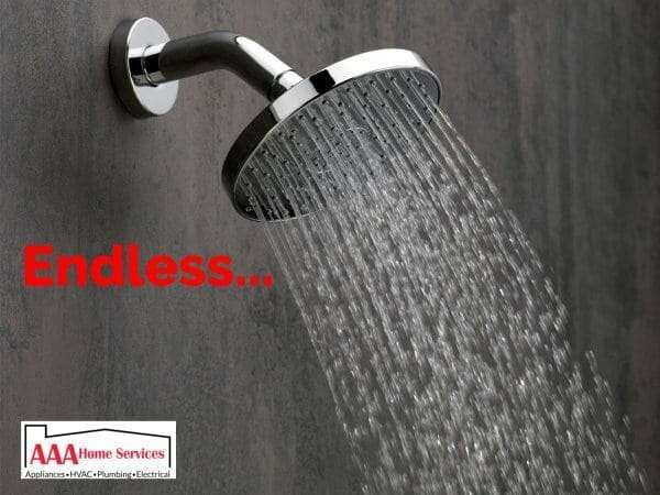 Running shower with steady water stream and red text “Endless...”