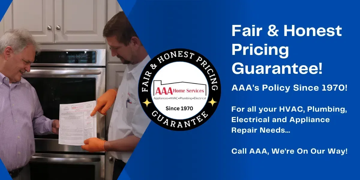 Plumbers repairing a sink beside a blue promo panel reading “Fair & Honest Pricing Guarantee!”