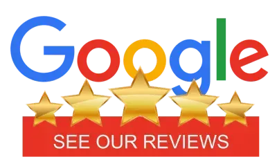 Google logo with gold stars and red banner reading “SEE OUR REVIEWS”