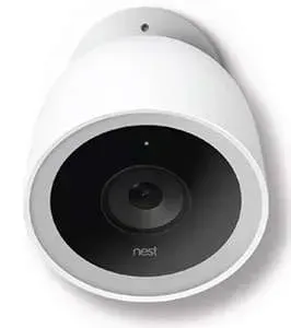 White Nest security camera with black lens, mounted on a wall bracket