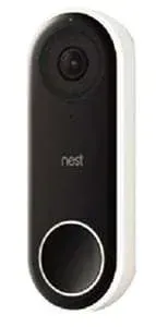 Black Nest video doorbell with a camera lens and circular button on a white wall bracket